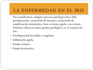 LA ENFERMEDAD EN EL IRIS Para manifestarse cualquier proceso patológico hace falta predisposición, un período de latencia y un período de manifestación sintomática, bien en forma aguda o en crónica. Podemos observar cuatro grados patológicos en el examen del iris: Predisposición heredada o congénita.  Inflamación aguda.  Estado crónico.  Estado destructivo.  