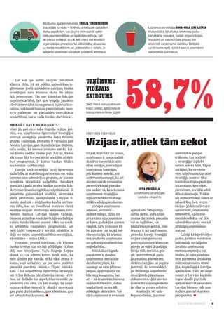 Atkritumu apsaimniekotājs Veolia Vides Serviss
                        izstrādājis formulu — izvērstu anketu par dažādiem                                Līdztekus stratēģijai Coca–Cola HBC Latvia
                        darba aspektiem, kas ļauj ne vien izzināt darbi-                                  ir izstrādāta detalizēta ietekmes pušu
                        nieku apmierinātības un lojalitātes reitingu, bet                                 kartēšana, nosakot, kādas organizācijas,
                        arī precīzi izrēķināt to, cik lielā mērā viņi iesaistīti                          iestādes un sabiedrības grupas var
                        organizācijas procesos, kā šī līdzdalība atsaucas                                 ietekmēt uzņēmuma darbību. Tādējādi
                        uz darba rezultātiem, un, ja līdzdalība ir neliela, ie-                           uzņēmums spēj noteikt savus prioritāros
                        spējams sistēmiski izanalizēt problēmu iemeslus.                                  sadarbības partnerus.




                                                                                             58,7%
    Lai soli pa solim veidotu nākotnes
klientu tīklu, kā arī pildītu sabiedrības iz­
                                                             UZŅĒMUMU
glītošanas jomā uzstādītos mērķus, banka
izveidojusi savu biznesa skolu No idejas
                                                             VIDĒJAIS
līdz investoram. Tās nav klasiskas lekcijas                  SNIEGUMS
uzņēmējdarbībā, bet gan iespēja jauniem
cilvēkiem veidot savus pirmos biznesa kon­                   Tādā mērā visi uzņēmumi
taktus, uzklausīt bankas pieredzējušo men­                   kopā (vidēji) apliecinājuši
toru padomus un piedalīties interaktīvās                     kategorijas kritēriju izpildi
nodarbībās, kuras vada bankas darbinieki.

Meklēt savu rokrakstu
«Gan jā, gan ne,» saka Dagnija Lejiņa, jau­
tāta, vai uzņēmuma ilgtermiņa stratēģijas                    EKSPERTA VIEDOKLIS
izstrādi atviegloja piederība lielai finanšu
grupai. Vadlīnijas, protams, ir vienādas gan
Nordea Latvijas, gan Skandināvijas filiālēm,
taču veidu, kā īstenot izvirzīto mērķi, kat­
                                                             Vīzijas ir, atliek tām sekot
ras filiāles vadība izvēlas pati. Arī tas, kādus             Izķepurojušies no krīzes,                                       sistēmiskas pieejas
akcentus likt korporatīvās sociālās atbildī­                 uzņēmumi ir nosprauduši                                         trūkums, kas nozīmē
bas programmā, ir katras bankas filiāles                     skaidrus turpmākās attīs­                                       — stratēģijas izpildei
nacionālās vadības ziņā.                                     tības mērķus, izstrādājuši                                      netiek sekots līdzi. Tāpat
    Latvija savā stratēģijā izceļ ilgtermiņa                 izmērāmus kritērijus,                                           atklājies, ka ne viena
sadarbību ar stabiliem partneriem un reālu                   pēc kuriem noteikt, vai                                         vien uzņēmuma izpratnē
labumu tām sabiedrības grupām, ar kurām                      uzdevumi sasniegti, kā arī                                      stratēģija nozīmē tikai
izveidota visciešākā sadarbība. Savukārt                     aizvien vairāk uzmanības                                        konkrētas tirgus pozīcijas
īpaši 2012.gadā izcelta bankas gatavība līdz­                pievērš iekšējai pienāku­                                       iekarošanu, ignorējot,
darboties finanšu izglītības stiprināšanā. Šī                mu sadalei tā, lai sekošana          Inta Priedola,             piemēram, sociālās atbil­
prioritāte galvenokārt izvēlēta, atceroties                  uzņēmuma stratēģijas              uzņēmumu stratēģijas          dības dimensiju. Trūkst
pērn piedzīvoto sašūpošanos Latvijas fi­                     izpildei nebūtu tikai aug­          sadaļas eksperte            arī atgriezeniskās saites ar
nanšu sistēmā — Krājbankas krahu un bau­                     stākā vadītāja pienākums.                                       sabiedrību, bet, «repu­
mu vilni, kas no Swedbank kontiem vienā                           Vērtējot uzņēmumu                                          tācijas» jēdzienu lietojot
nedēļas nogalē aizslaucīja miljoniem latu.                   atbildes, redzams —             apmaksātu brīvprātīgā           sašaurināti, uzņēmumi
Nordea bankas Latvijas filiāles vadītājs,                    definēt misiju, vīziju un       darba dienu, kurā uzņē­         nenovērtē, kādu eko­
biznesa attīstības vadītājs Polijā un Baltijas               prioritātes uzņēmumiem          muma darbinieki piedalās        nomisko efektu var dot
valstīs Valdis Siksnis uzsver: «Mēs uz sociā­                ar katru gadu kļūst aizvien     vai nu izglītības, vai          sabiedrības atzīts «sociāli
lo atbildību raugāmies pragmatiski, un                       vieglāk, taču joprojām kli­     labdarības projektos. Inte­     atbildīga uzņēmuma»
tieši tādēļ korporatīvā sociālā atbildība ir                 bo izpratne par to, kā mē­      resanta ir arī uzņēmumu         statuss.
daļa no mūsu uzņēmējdarbības stratēģijas,                    rīt reputāciju, kā arī maz      pieredze kopējā stratēģijā           Līdzīgi kā iepriekšējos
identitātes — mūsu DNS.»                                     tiek analizēta uzņēmuma         iekļaut energoresursu           gados, labākos rezultātus
    Protams, precīzi izrēķināt, cik klientu                  un apkārtējās sabiedrības       patēriņa samazināšanu un        šajā sadaļā uzrādījušas
banku izvēlas tās sociāli atbildīgās rīcības                 mijiedarbība.                   pāreju uz videi draudzīgu       ārvalstu uzņēmumu
dēļ, nav iespējams. Taču Dagnija Lejiņa                           Būtiskākais šāgada         biroja vidi, norādot, par       meitaskompānijas vai
domā tā: «Ja klients krīzes brīdī redz, ka                   panākums ir daudzu              cik procentiem ik gadu          filiāles, jo šajos uzņēmu­
mēs darām pat vairāk, nekā tikai prasa li­                   uzņēmumu izstrādātie            jāsamazina, piemēram,           mos pārņemta detalizēta
kums, viņš uzticēsies un par savu pozitīvo                   detalizētie plāni, kā           elektroenerģijas un papīra      mātesuzņēmuma stratē­
pieredzi pastāstīs citiem.» Tāpēc būtiskā­                   sasniegt ne vien plānoto        patēriņš. Arī komunikāci­       ģija, to pielāgojot Latvijas
kais —  lai uzņēmuma ilgtermiņa stratēģija                   peļņas, apgrozījuma un          jas dimensija uzņēmumu          apstākļiem. Taču arī uzņē­
un rīcība ikdienā būtu balstīta vienās vērtī­                klientu pieaugumu, bet          stratēģiskās plānošanas         mumi ar Latvijas kapitālu
bās, lai dažādie tās aspekti harmoniski pa­                  arī — kā iesaistīties biznesa   dokumentos kļūst aizvien        šogad daudz precīzāk
pildinātu cits citu. Un ļoti svarīgi, lai uzņē­              vides sakārtošanā, dabas        izvērstāka un neaprobežo­       spējuši ieskicēt savu vietu
muma rīcības iemesli ir skaidri saprotami                    saudzēšanā un sociāli           jas tikai ar preses relīzēm.    Latvijas biznesa vidē gan
gan pašu darbiniekiem, gan klientiem, gan                    atbildīgās aktivitātēs. Vai­         Analizējot vēl uzla­       šodien, gan arī skatoties
arī sabiedrībai kopumā. l                                    rāki uzņēmumi ir ieviesuši      bojamās lietas, jāatzīmē        perspektīvā. l

                                                                                                                               ILGTSPĒJAS INDEKSS      11
 