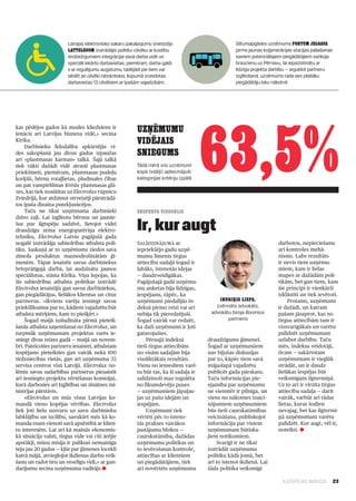 Latvijas elektronisko sakaru pakalpojumu sniedzējs                           Siltumapgādes uzņēmums fortuM jelgava
                        lattelecoM izstrādājis politiku cilvēku ar kustību                           pirms jaunas koģenerācijas stacijas palaišanas
                        ierobežojumiem integrācijai savā darba vidē un                               saviem potenciālajiem piegādātājiem sarīkoja
                        speciāli iekārto darbavietas, piemēram, darba galdi                          braucienu uz Pērnavu, lai iepazīstinātu ar
                        ir ar regulējumu augstumu, tādējādi pie tiem var                             līdzīga projekta darbību — ieguldot partneru
                        sēdēt arī cilvēki ratiņkrēslos. Kopumā izveidotas                            izglītošanā, uzņēmums rada sev plašāku
                        darbavietas 13 cilvēkiem ar īpašām vajadzībām.                               piegādātāju loku nākotnē.




                                                                                         63,5%
kas pēdējos gados kā modes kliedziens ir
ienācis arī Latvijas biznesa vidē,» secina
                                                         uZņēMuMu
Kirika.
     Darbinieku līdzdalība apkārtējās vi­
                                                         viDējais
des sakopšanā jau divus gadus izpaužas                   snieguMs
arī «plastmasas karmas» talkā. Šajā talkā
tiek vākti dažādi vidē atrasti plastmasas                Tādā mērā visi uzņēmumi
priekšmeti, piemēram, plastmasas pudeļu                  kopā (vidēji) apliecinājuši
korķīši, bērnu rotaļlietas, pludmales čības              kategorijas kritēriju izpildi
un pat vampīrfilmas Krēsla plastmasas glā­
zes, kas tiek nosūtītas uz Electrolux rūpnīcu
Zviedrijā, kur atdzimst otrreizēji pārstrādā­
tos īpaša dizaina putekļusūcējos.
     Taču ne tikai uzņēmuma darbinieki                   eKsperta vieDoKlis
dzīvo zaļi. Lai izglītotu bērnus un jaunie­
šus par ilgtspēju sadzīvē, lietojot videi
draudzīgu zema energopatēriņa elektro­
tehniku, Electrolux Latvia pagājušā gada
                                                         Ir, kur augt
nogalē izstrādāja sabiedrības atbalsta poli­             Salīdzinājumā ar                                                darbotos, nepieciešams
tiku. Saskaņā ar to uzņēmums ziedos sava                 iepriekšējo gadu uzņē­                                          arī kontroles mehā­
zīmola produktus maznodrošinātām ģi­                     mumu līmenis tirgus                                             nisms. Labs rezultāts
menēm. Tāpat iesaistīs savus darbiniekus                 attiecību sadaļā šogad ir                                       ir nevis tiem uzņēmu­
brīvprātīgajā darbā, lai audzinātu jaunos                labāks, īstenotās idejas                                        miem, kam ir lielas
speciālistus, stāsta Kirika. Viņa lepojas, ka            — daudzveidīgākas.                                              mapes ar dažādām poli­
šīs sabiedrības atbalsta politikas izstrādē              Pagājušajā gadā uzņēmu­                                         tikām, bet gan tiem, kam
Electrolux iesaistījis gan savus darbiniekus,            mu anketas bija līdzīgas,                                       šie principi ir vienkārši
gan piegādātājus, lielākos klientus un citus             iespējams, tāpēc, ka                                            izklāstīti un tiek ievēroti.
partnerus. «Ikviens varēja iesniegt savus                uzņēmumi piedalījās in­             inDriķis liepa,                  Protams, uzņēmumi
priekšlikumus par to, kādiem vajadzētu būt               deksā pirmo reizi vai arī          zvērināts advokāts,          ir dažādi, un katram
atbalsta mērķiem, kam to piešķirt.»                      nebija tik pieredzējuši.         advokātu biroja Borenius       pašam jāsaprot, kas no
     Šogad maijā izsludināta pirmā pieteik­              Šogad vairāk var redzēt,                partneris               tirgus attiecībām tam ir
šanās atbalsta saņemšanai no Electrolux, un              ka daži uzņēmumi ir ļoti                                        vissvarīgākais un varētu
turpmāk uzņēmumam projektus varēs ie­                    gatavojušies.                                                   palīdzēt uzņēmumam
sniegt divas reizes gadā — maijā un novem­                   Pērnajā indeksā             draudzīgums ģimenei.            uzlabot darbību. Taču
brī. Pateicoties partneru iesaistei, atbalstam           tieši tirgus attiecībām         Šogad ar uzņēmumiem             mēs, indeksa veidotāji,
iespējams pieteikties gan vairāk nekā 100                no visām sadaļām bija           nav bijušas diskusijas          ticam — sakārtotam
tirdzniecības vietās, gan arī uzņēmuma 33                vissliktākais rezultāts.        par to, kāpēc tiem savā         uzņēmumam ir vieglāk
servisa centros visā Latvijā. Electrolux no­             Viens no iemesliem varē­        mājaslapā vajadzētu             strādāt, un ir daudz
lēmis savus sadarbības partnerus piesaistīt              tu būt tas, ka šī sadaļa ir     publicēt gada pārskatu.         lielākas iespējas būt
arī iesniegto projektu vērtēšanas komisijai,             salīdzinoši maz regulēta        Taču informācijas pie­          veiksmīgam ilgtermiņā.
kurā darbosies arī Izglītības un zinātnes mi­            no likumdevēju puses            ejamība par uzņēmumu            Uz to arī ir virzīta tirgus
nistrijas pārstāvis.                                     — uzņēmumiem jāpaļau­           ne vienmēr ir pilnīga, un       attiecību sadaļa — darīt
     «Electrolux un mūs visus Latvijas ko­               jas uz pašu idejām un           viens no nākotnes izaici­       vairāk, varbūt arī tādas
mandā vieno kopējas vērtības. Electrolux                 iespējām.                       nājumiem uzņēmumiem             lietas, kuras šodien
liek ļoti lielu uzsvaru uz savu darbinieku                   Uzņēmumi tiek               būs tieši caurskatāmības        nevajag, bet kas ilgtermi­
labklājību un izcilību, savukārt mēs kā ko­              vērtēti pēc to īsteno­          veicināšana, publiskojot        ņā uzņēmumam varētu
manda esam vienoti savā apsēstībā ar klien­              tās prakses vairākos            informāciju par visiem          palīdzēt. Kur augt, vēl ir,
tu interesēm. Lai arī kā mainās ekonomis­                jautājumu blokos —              uzņēmumam būtiska­              noteikti. l
kā situācija valstī, tirgus vide vai citi ārējie         caurskatāmība, dažādas          jiem notikumiem.
apstākļi, mūsu misija ir palikusi nemainīga              uzņēmumu politikas un               Svarīgi ir ne tikai
teju jau 20 gadus — kļūt par ģimenes locekli             to ievērošanas kontrole,        izstrādāt uzņēmuma
katrā mājā, atvieglojot ikdienas darbu veik­             attiecības ar klientiem         politiku kādā jomā, bet
šanu un radot tīru un veselīgu vidi,» ar gan­            un piegādātājiem, tiek          arī to īstenot ikdienā. Lai
darījumu secina uzņēmuma vadītājs.l                      arī novērtēts uzņēmuma          šāda politika veiksmīgi

                                                                                                                           ILGTSPĒJAS INDEKSS         23
 