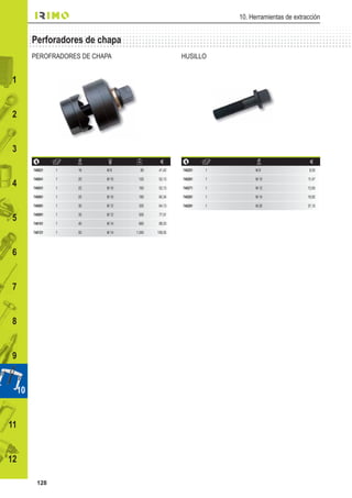 128
12
11
8
9
7
6
5
4
3
11
2
10
1
10. Herramientas de extracción
Perforadores de chapa
PEROFRADORES DE CHAPA HUSILLO
Ø
mm €
740021 1 16 M 8 80 41,42
740041 1 20 M 10 120 52,13
740051 1 22 M 10 160 52,13
740061 1 25 M 10 180 60,34
740081 1 30 M 12 320 64,13
740091 1 35 M 12 500 77,01
740101 1 40 M 14 660 88,03
740121 1 50 M 14 1.040 108,05
Ø
mm €
740251 1 M 8 8,55
740261 1 M 10 11,47
740271 1 M 12 12,65
740281 1 M 14 18,82
740291 1 M 20 37,10
 