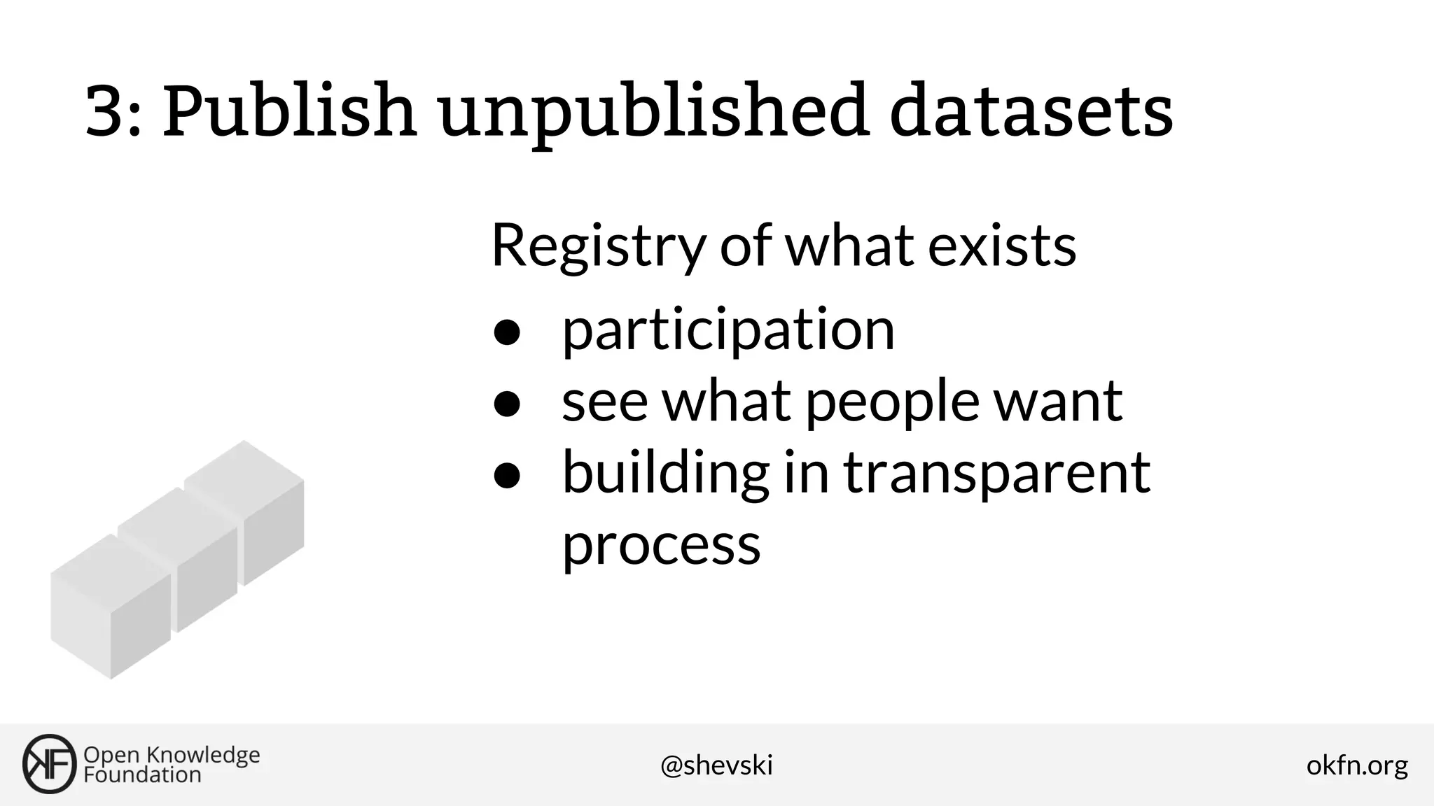 3: Publish unpublished datasets
Registry of what exists
● participation
● see what people want
● building in transparent
process

@shevski

okfn.org

 