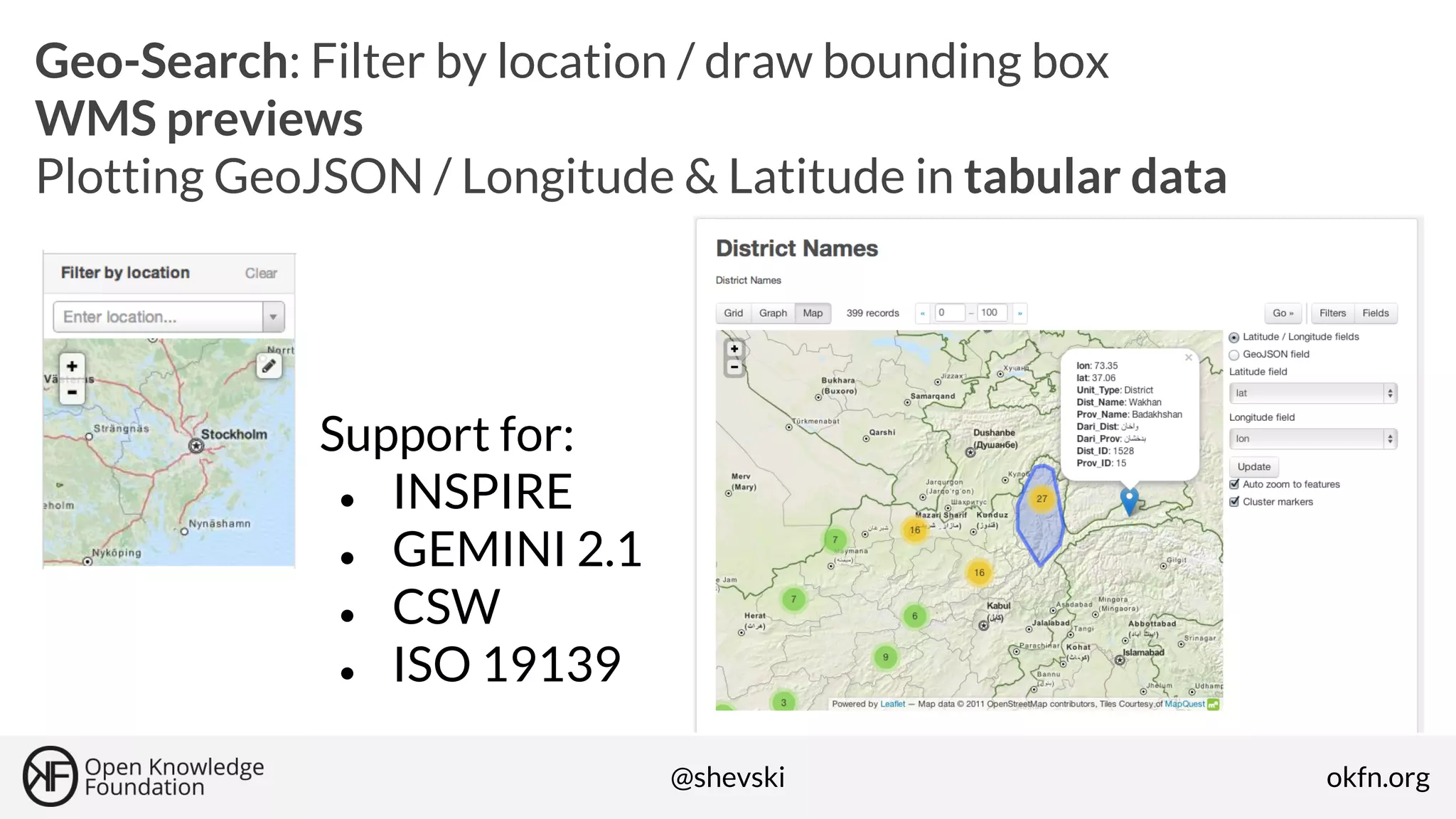 Geo-Search: Filter by location / draw bounding box
WMS previews
Plotting GeoJSON / Longitude & Latitude in tabular data

Support for:
● INSPIRE
● GEMINI 2.1
● CSW
● ISO 19139
@shevski

okfn.org

 