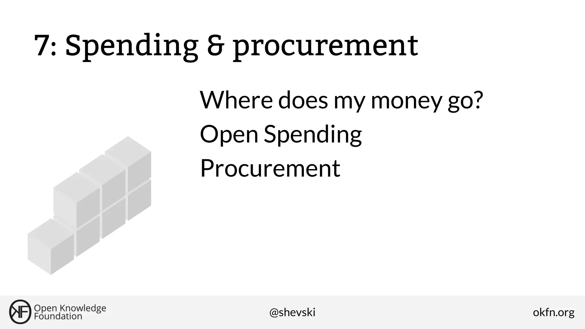 7: Spending & procurement
Where does my money go?
Open Spending
Procurement

@shevski

okfn.org

 