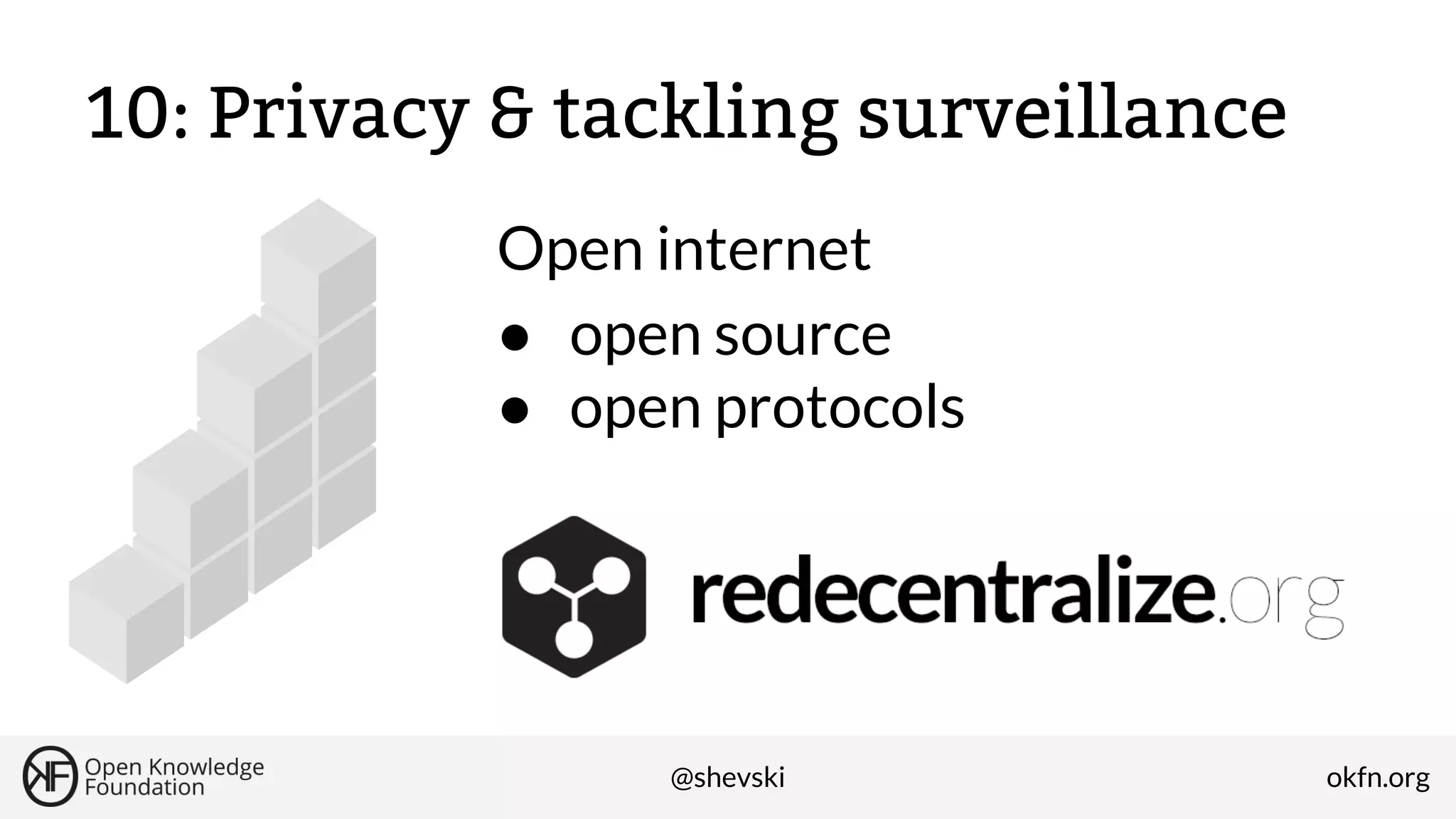 10: Privacy & tackling surveillance
Open internet
● open source
● open protocols

@shevski

okfn.org

 