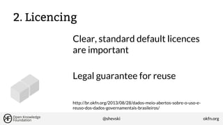 2. Licencing
Clear, standard default licences
are important
Legal guarantee for reuse
http://br.okfn.org/2013/08/28/dados-meio-abertos-sobre-o-uso-ereuso-dos-dados-governamentais-brasileiros/
@shevski

okfn.org

 
