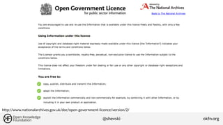 http://www.nationalarchives.gov.uk/doc/open-government-licence/version/2/

@shevski

okfn.org

 