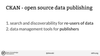 CKAN - open source data publishing
1. search and discoverability for re-users of data
2. data management tools for publishers

@shevski

okfn.org

 