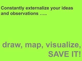 Constantly externalize your ideas and observations …..draw, map, visualize, SAVE IT!