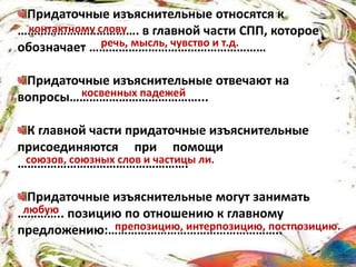 Придаточные изъяснительные относятся к
………………………………. в главной части СПП, которое
обозначает ………………………………………………
Придаточные изъяснительные отвечают на
вопросы…………………………………...
К главной части придаточные изъяснительные
присоединяются при помощи
…………………………………………….
Придаточные изъяснительные могут занимать
………….. позицию по отношению к главному
предложению:……………………………………………..
контактному слову
речь, мысль, чувство и т.д.
косвенных падежей
союзов, союзных слов и частицы ли.
любую
препозицию, интерпозицию, постпозицию.
 