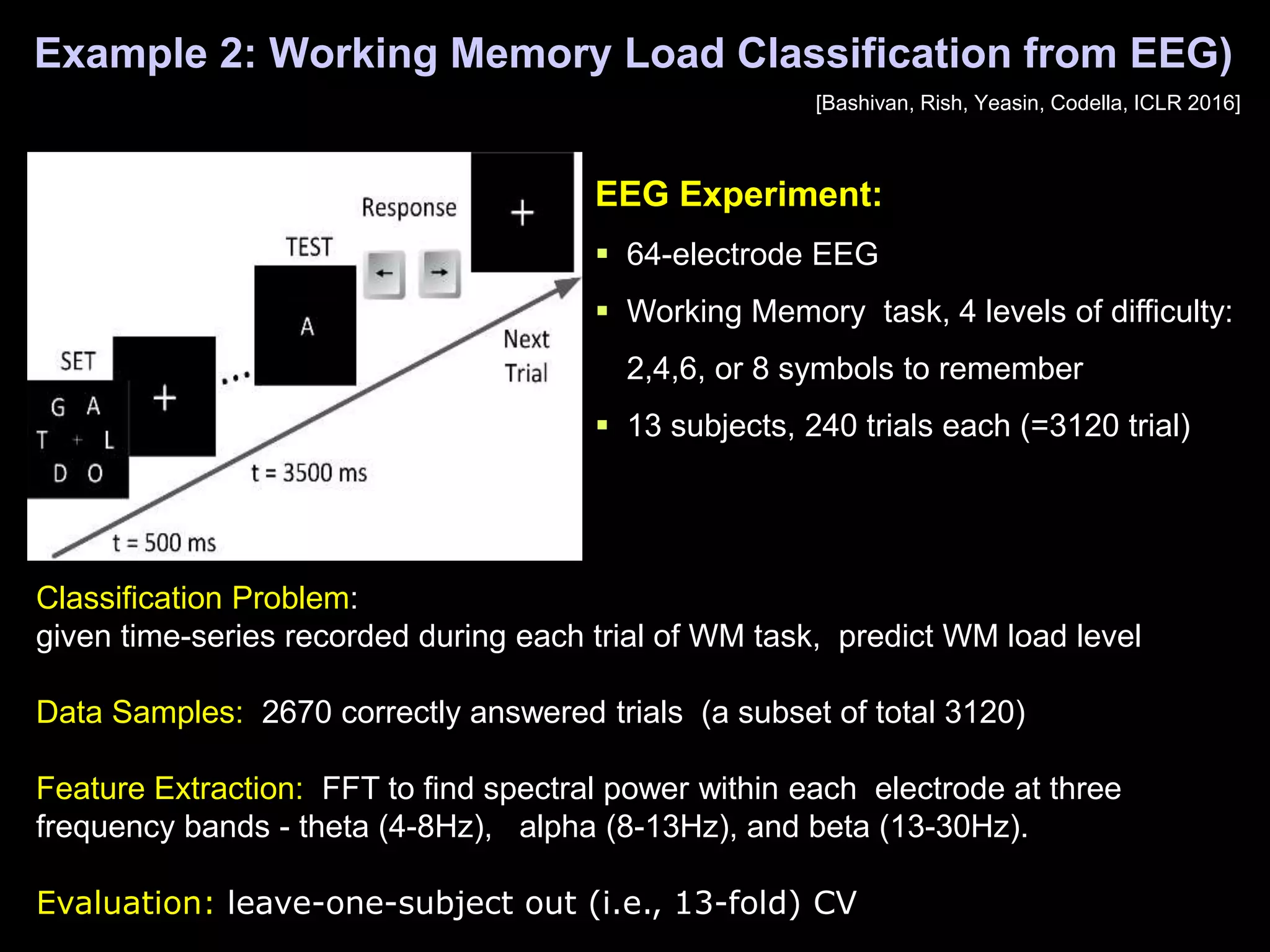 Example 2: Working Memory Load Classification from EEG)
EEG Experiment:
 64-electrode EEG
 Working Memory task, 4 levels of difficulty:
2,4,6, or 8 symbols to remember
 13 subjects, 240 trials each (=3120 trial)
[Bashivan, Rish, Yeasin, Codella, ICLR 2016]
Classification Problem:
given time-series recorded during each trial of WM task, predict WM load level
Data Samples: 2670 correctly answered trials (a subset of total 3120)
Feature Extraction: FFT to find spectral power within each electrode at three
frequency bands - theta (4-8Hz), alpha (8-13Hz), and beta (13-30Hz).
Evaluation: leave-one-subject out (i.e., 13-fold) CV
 
