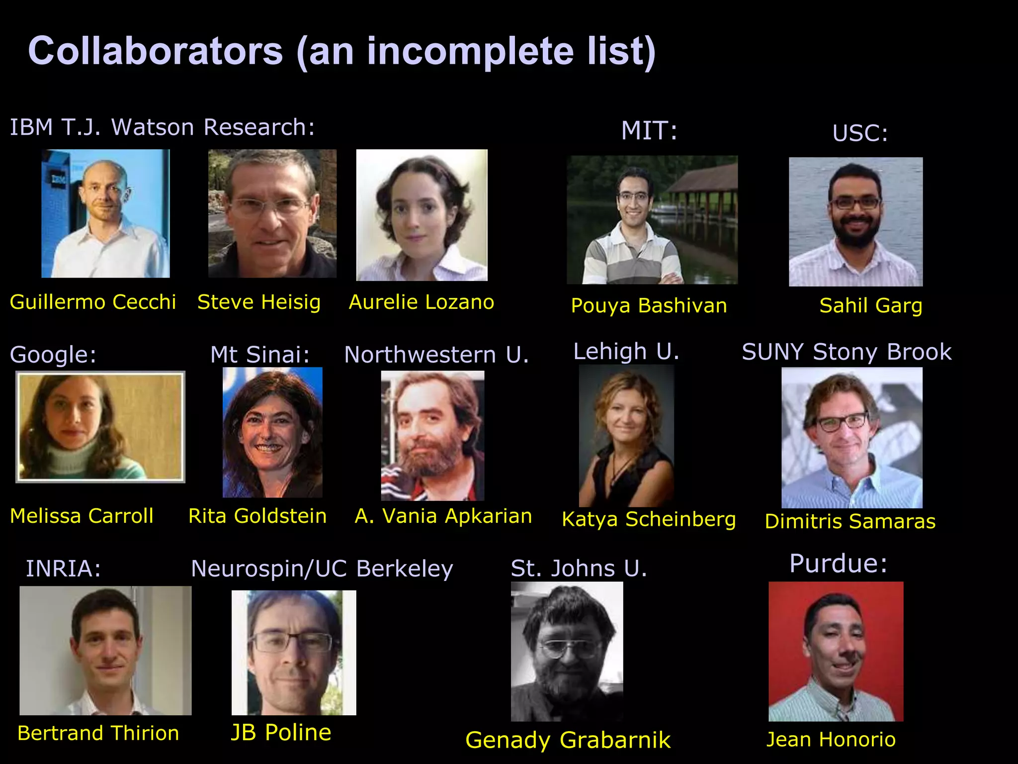Collaborators (an incomplete list)
IBM T.J. Watson Research:
Guillermo Cecchi Steve Heisig Aurelie Lozano
Google: Mt Sinai: Northwestern U.
Melissa Carroll Rita Goldstein A. Vania Apkarian
INRIA: Neurospin/UC Berkeley
Bertrand Thirion
MIT:
Pouya Bashivan
Purdue:
Jean Honorio
Lehigh U.
Katya Scheinberg
SUNY Stony Brook
Dimitris Samaras
St. Johns U.
Genady GrabarnikJB Poline
USC:
Sahil Garg
 