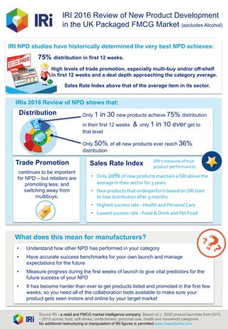 IRIs 2016 Review of NPD shows that:
Distribution
Trade Promotion
Only 1 in 30 new products achieve 75% distribution
in their first 12 weeks & only 1 in 10 ever get to
that level
(IRI’s measure of true
product performance)
• Only 20% of new products maintain a SRI above the
average in their sector for 3 years
• New products that underperform based on SRI start
to lose distribution after 9 months
• Highest success rate - Health and Personal Care
• Lowest success rate - Food & Drink and Pet Food
Only 50% of all new products ever reach 36%
distribution
continues to be important
for NPD – but retailers are
promoting less, and
switching away from
multibuys.
What does this mean for manufacturers?
• Understand how other NPD has performed in your category
• Have accurate success benchmarks for your own launch and manage
expectations for the future
• Measure progress during the first weeks of launch to give vital predictors for the
future success of your NPD
• It has become harder than ever to get products listed and promoted in the first few
weeks, so you need all of the collaboration tools available to make sure your
product gets seen instore and online by your target market
Source IRI - a retail and FMCG market intelligence company. Based on c. 3000 product launches from 2013
– 2015 across; food, soft drinks, confectionery, personal care, health and household categories..
No additional restructuring or manipulation of IRI figures is permitted www.iriworldwide.com
IRI NPD studies have historically determined the very best NPD achieves:
75% distribution in first 12 weeks.
High levels of trade promotion, especially multi-buy and/or off-shelf
in first 12 weeks and a deal depth approaching the category average.
Sales Rate Index above that of the average item in its sector.
Sales Rate Index
IRI 2016 Review of New Product Development
in the UK Packaged FMCG Market (excludes Alcohol)
 