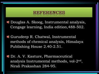 Douglas A. Skoog, Instrumental analysis,
Cengage learning, India edition,488-502.
Gurudeep R. Chatwal, Instrumental
methods of chemical analysis, Himalaya
Publishing House 2.40-2.51.
Dr. A. V. Kasture, Pharmaceutical
analysis Instrumental methods, vol-2nd,
Nirali Prakashan 284-95.
 