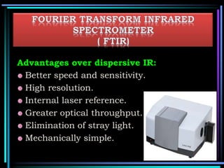 Advantages over dispersive IR:
Better speed and sensitivity.
High resolution.
Internal laser reference.
Greater optical throughput.
Elimination of stray light.
Mechanically simple.
 