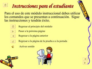 Instrucciones para el estudiante Para el uso de este m ó dulo instruccional debes utilizar los comandos que se presentan a continuaci ó n.  Sigue las instrucciones y tendr á s  é xito. Regresar al principio del m ó dulo  Pasar a la pr ó xima p á gina  Regresar a la página anterior Activar sonido  Regresar a la p á gina de la prueba o a la portada  