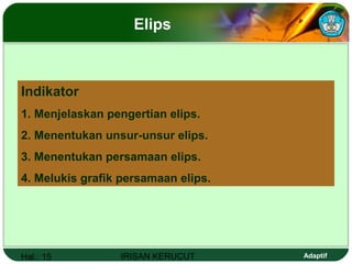 Hal.: 15 IRISAN KERUCUT Adaptif
Elips
Indikator
1. Menjelaskan pengertian elips.
2. Menentukan unsur-unsur elips.
3. Menentukan persamaan elips.
4. Melukis grafik persamaan elips.
 