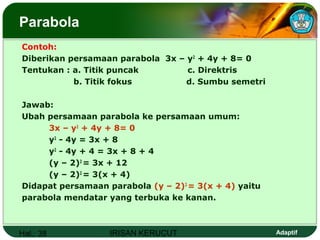 Hal.: 38 IRISAN KERUCUT Adaptif
Parabola
Contoh:
Diberikan persamaan parabola 3x – y2
+ 4y + 8= 0
Tentukan : a. Titik puncak c. Direktris
b. Titik fokus d. Sumbu semetri
Jawab:
Ubah persamaan parabola ke persamaan umum:
3x – y2
+ 4y + 8= 0
y2
- 4y = 3x + 8
y2
- 4y + 4 = 3x + 8 + 4
(y – 2)2
= 3x + 12
(y – 2)2
= 3(x + 4)
Didapat persamaan parabola (y – 2)2
= 3(x + 4) yaitu
parabola mendatar yang terbuka ke kanan.
 