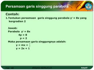 Hal.: 46 IRISAN KERUCUT Adaptif
Persamaan garis singgung parabola
Contoh:
1.Tentukan persamaan garis singgung parabola y2
= 8x yang
kergradien 2
Jawab:
Parabola y2
= 8x
4p = 8
p = 2
Maka persamaan garis singgungnya adalah:
y = mx +
y = 2x + 1
m
p
 