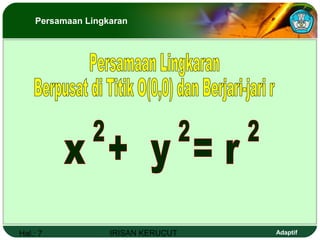 Hal.: 7 IRISAN KERUCUT Adaptif
Persamaan Lingkaran
 