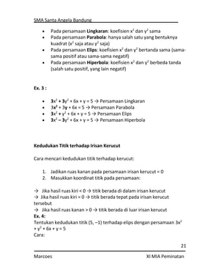 SMA Santa Angela Bandung
21
Marcoes XI MIA Peminatan
 Pada persamaan Lingkaran: koefisien x2
dan y2
sama
 Pada persamaan Parabola: hanya salah satu yang bentuknya
kuadrat (x2
saja atau y2
saja)
 Pada persamaan Elips: koefisien x2
dan y2
bertanda sama (sama-
sama positif atau sama-sama negatif)
 Pada persamaan Hiperbola: koefisien x2
dan y2
berbeda tanda
(salah satu positif, yang lain negatif)
Ex. 3 :
 3x2
+ 3y2
+ 6x + y = 5 → Persamaan Lingkaran
 3x2
+ 3y + 6x = 5 → Persamaan Parabola
 3x2
+ y2
+ 6x + y = 5 → Persamaan Elips
 3x2
– 3y2
+ 6x + y = 5 → Persamaan Hiperbola
Kedudukan Titik terhadap Irisan Kerucut
Cara mencari kedudukan titik terhadap kerucut:
1. Jadikan ruas kanan pada persamaan irisan kerucut = 0
2. Masukkan koordinat titik pada persamaan:
→ Jika hasil ruas kiri < 0 → titik berada di dalam irisan kerucut
→ Jika hasil ruas kiri = 0 → titik berada tepat pada irisan kerucut
tersebut
→ Jika hasil ruas kanan > 0 → titik berada di luar irisan kerucut
Ex. 4:
Tentukan kedudukan titik (5, –1) terhadap elips dengan persamaan 3x2
+ y2
+ 6x + y = 5
Cara:
 
