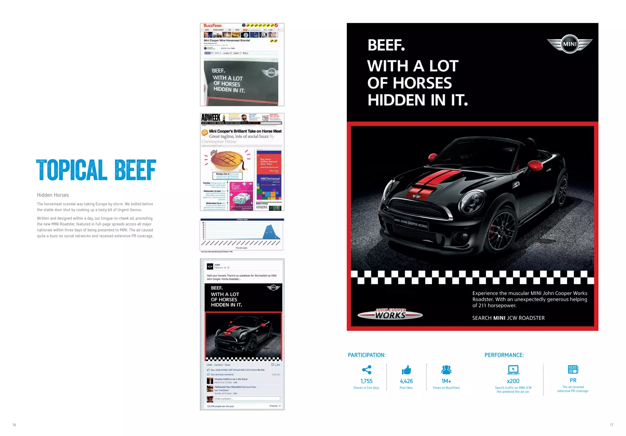 16 17
Topical Beef
Hidden Horses
The horsemeat scandal was taking Europe by storm. We bolted before
the stable door shut by cooking up a tasty bit of Urgent Genius.
Written and designed within a day, our tongue-in-cheek ad, promoting
the new MINI Roadster, featured in full-page spreads across all major
nationals within three days of being presented to MINI. The ad caused
quite a buzz on social networks and received extensive PR coverage.
PARTICIPATION:
1,755
Shares in five days.
4,426
Post likes.
1M+
Views on BuzzFeed.
PERFORMANCE:
x200
Search traffic on MINI JCW
the weekend the ad ran.
PR
The ad received
extensive PR coverage.
 