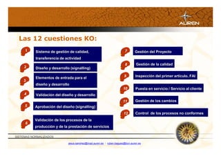 Las 12 cuestiones KO:
     1     Sistema de gestión de calidad,
                      gestió     calidad,                               7      Gestión del Proyecto
                                                                               Gestió
           transferencia de actividad
                                                                        8       Gestión de la calidad
                                                                                Gestió
     2     Diseño y desarrollo (signalling)
           Diseñ

           Elementos de entrada para el                                9       Inspección del primer artículo, FAI
                                                                               Inspecció             artí culo,
    3
           diseño y desarrollo
           diseñ
                                                                      10        Puesta en servicio / Servicio al cliente
     4     Validación del diseño y desarrollo
           Validació      diseñ
                                                                      11       Gestión de los cambios
                                                                               Gestió
     5    Aprobación del diseño (signalling)
          Aprobació      diseñ
                                                                       12      Control de los procesos no conformes
          Validación de los procesos de la
          Validació
     6
          producción y de la prestación de servicios
          producció          prestació

SISTEMAS NORMALIZADOS

                              jesus.sanchez@mad.auren.es / ruben.bagues@bcn.auren.es
 