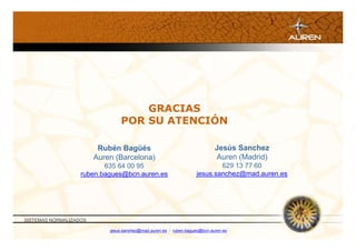 GRACIAS
                                 POR SU ATENCIÓN

                         Rubén Bagüés                                       Jesús Sanchez
                        Auren (Barcelona)                                   Auren (Madrid)
                          635 64 00 95                                     629 13 77 60
                   ruben.bagues@bcn.auren.es                       jesus.sanchez@mad.auren.es




SISTEMAS NORMALIZADOS

                            jesus.sanchez@mad.auren.es / ruben.bagues@bcn.auren.es
 