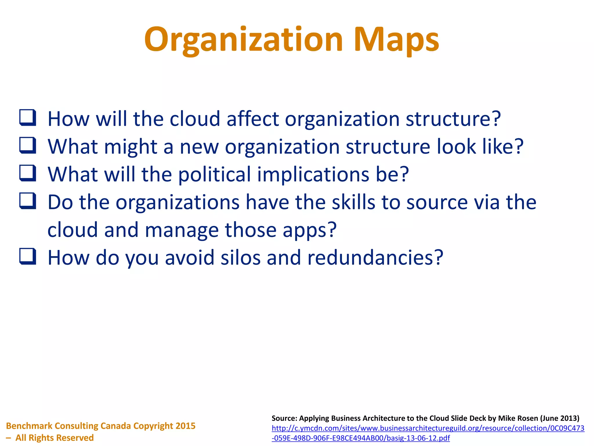 Organization Maps
Benchmark Consulting Canada Copyright 2015
– All Rights Reserved
Source: Applying Business Architecture to the Cloud Slide Deck by Mike Rosen (June 2013)
http://c.ymcdn.com/sites/www.businessarchitectureguild.org/resource/collection/0C09C473
-059E-498D-906F-E98CE494AB00/basig-13-06-12.pdf
 How will the cloud affect organization structure?
 What might a new organization structure look like?
 What will the political implications be?
 Do the organizations have the skills to source via the
cloud and manage those apps?
 How do you avoid silos and redundancies?
 