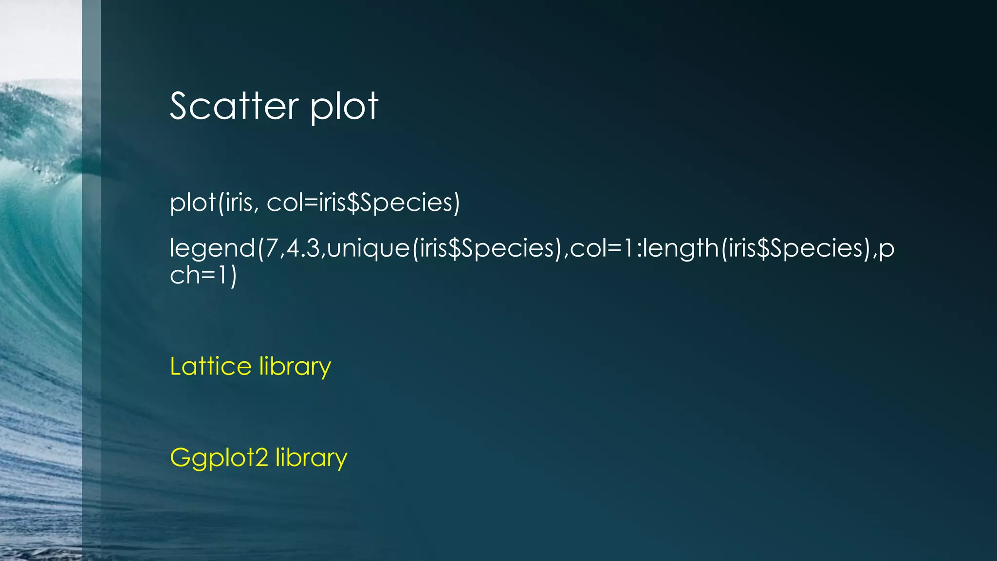 Scatter plot plot(iris, col=iris$Species) legend(7,4.3,unique(iris$Species),col=1:length(iris$Species),p ch=1) Lattice library Ggplot2 library 