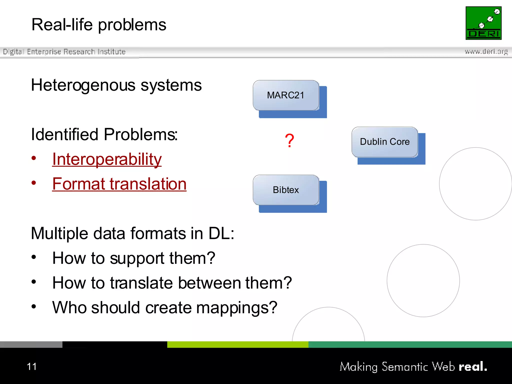 Real-life problems Heterogenous systems Identified Problems: Interoperability Format translation Multiple data formats in DL: How to support them? How to translate between them? Who should create mappings? 