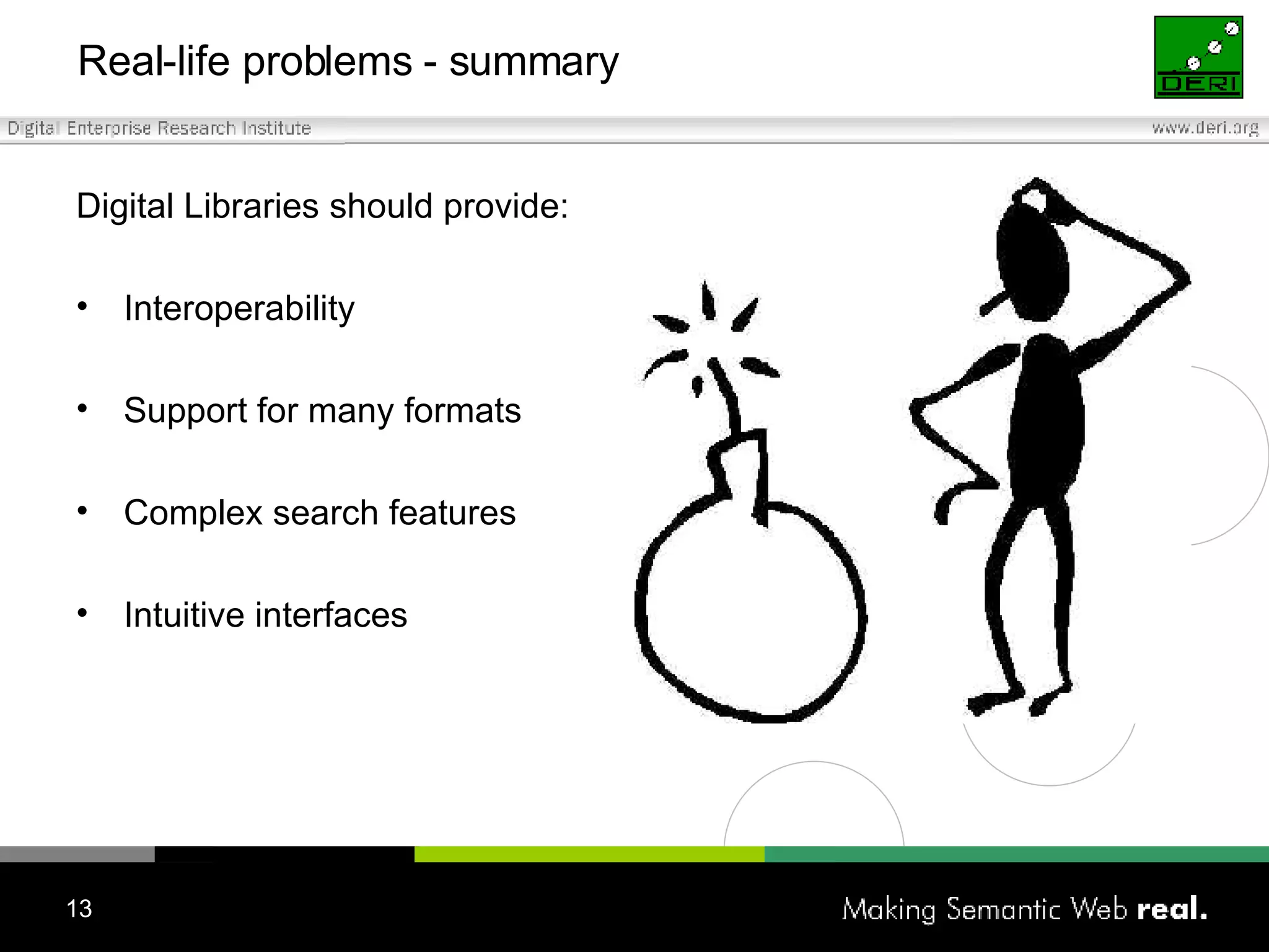 Real-life problems - summary Digital Libraries should provide: Interoperability Support for many formats Complex search features Intuitive interfaces 