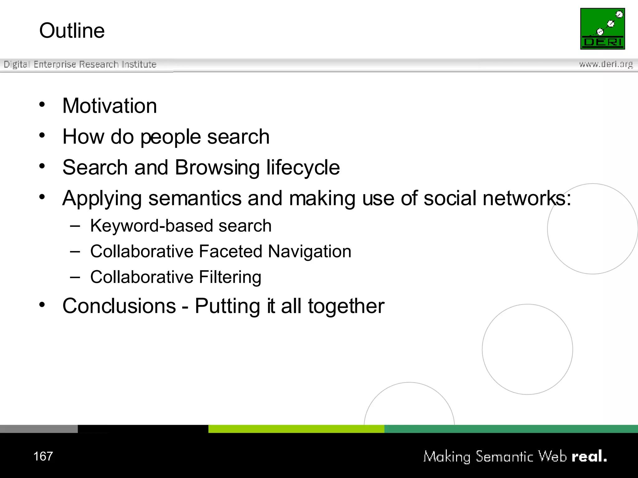 Outline Motivation How do people search Search and Browsing lifecycle Applying semantics and making use of social networks: Keyword-based search Collaborative Faceted Navigation Collaborative Filtering Conclusions - Putting it all together 