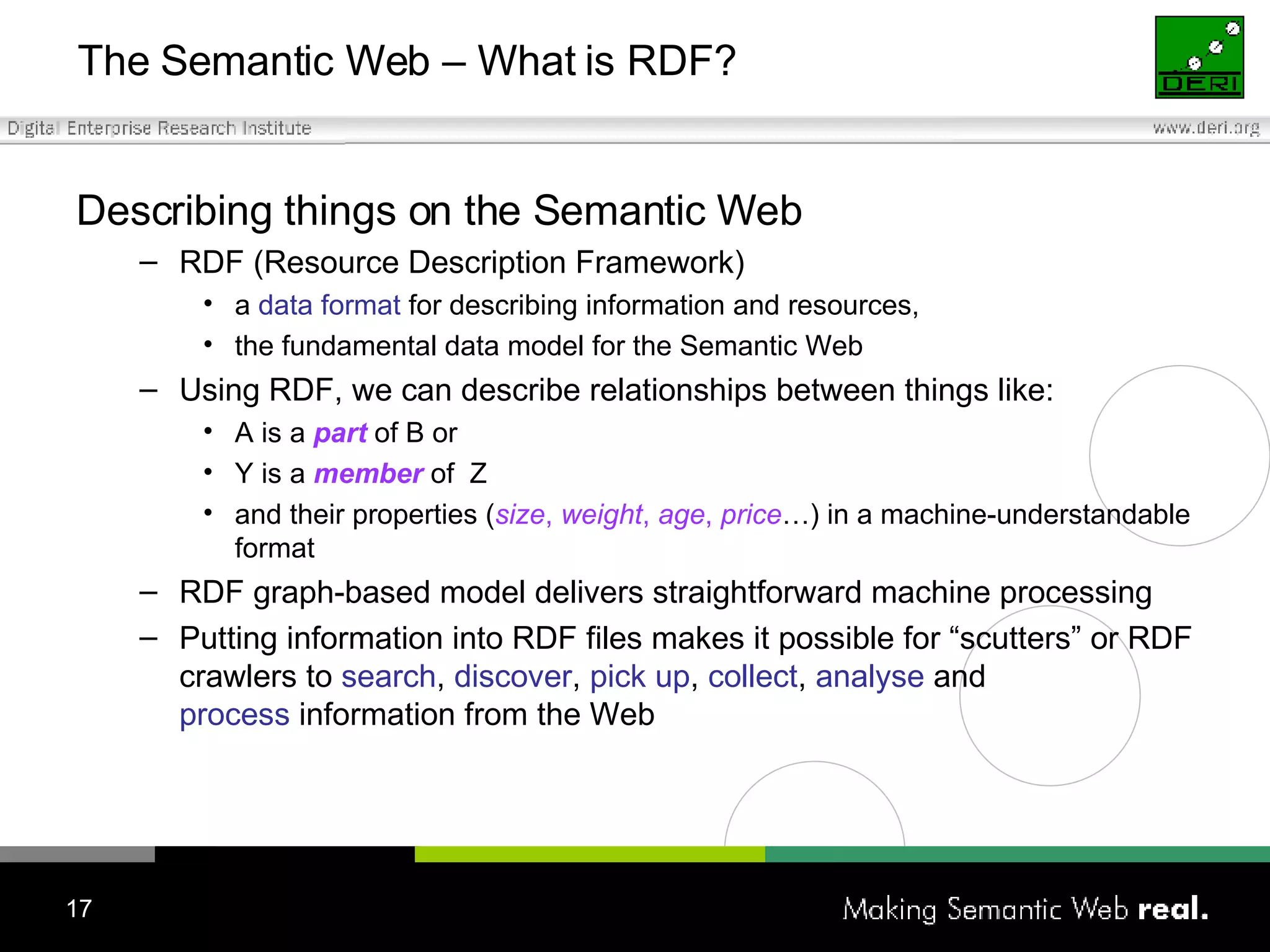 The Semantic Web – What is RDF? Describing things on the S emantic  W eb RDF (Resource Description Framework) a  data  format  for describing information and resources,  the fundamental data model for the Semantic Web Using RDF, we can describe relationships between things like: A is a  part  of B or Y is a  member  of  Z and their properties ( size ,  weight ,  age ,  price …) in a machine-understandable format  RDF  graph-based model  delivers  straightforward  machine  process ing Putting information into RDF files makes it possible for “scutters” or RDF crawlers to  search ,  discover ,  pick up ,  collect ,  analyse  and  process  information from the Web 