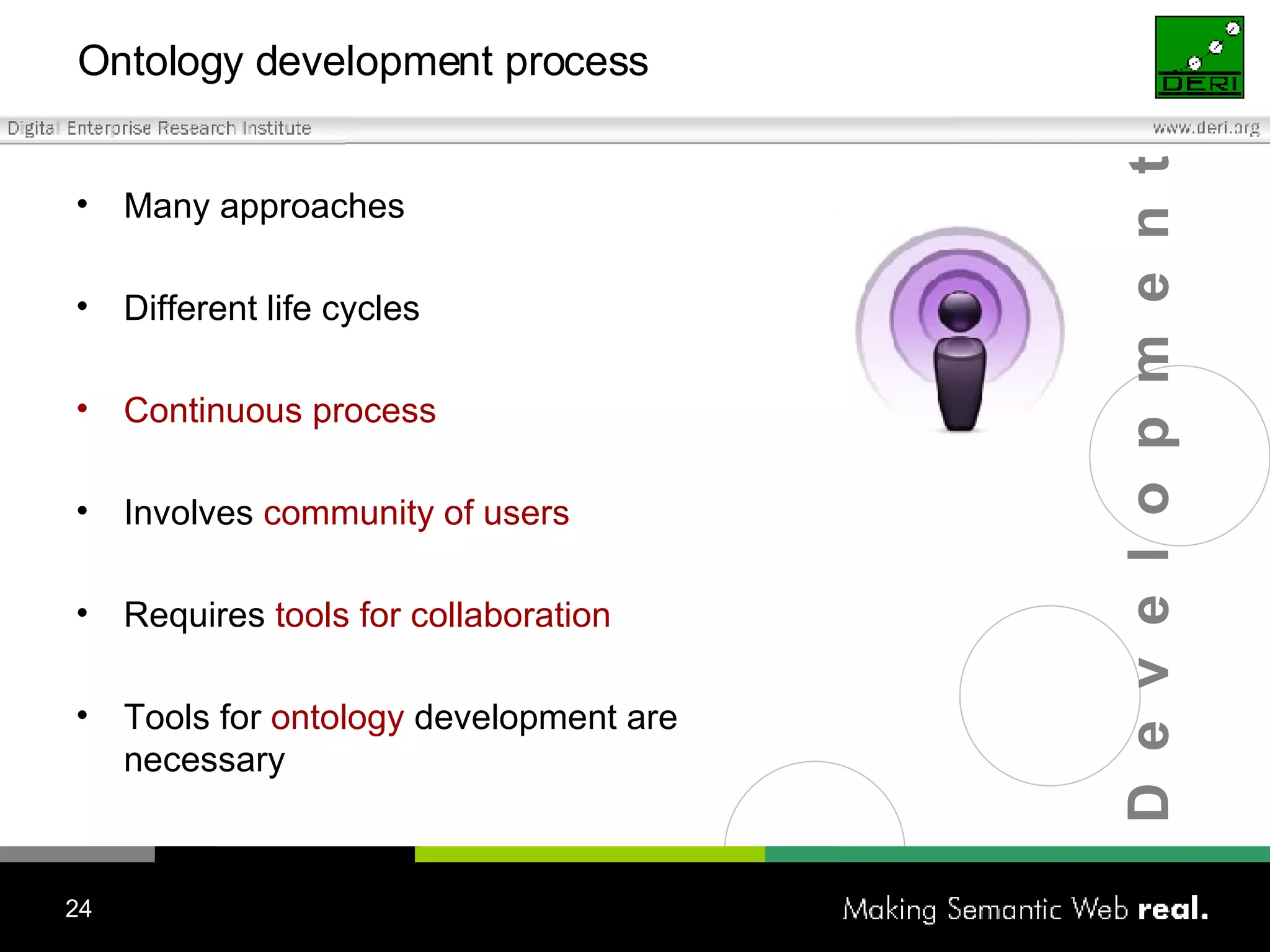 Ontology development process Many approaches Different life cycles Continuous process Involves  community of users   Requires  tools for collaboration Tools for  ontology  development are necessary D  e  v  e  l  o  p  m  e  n  t 