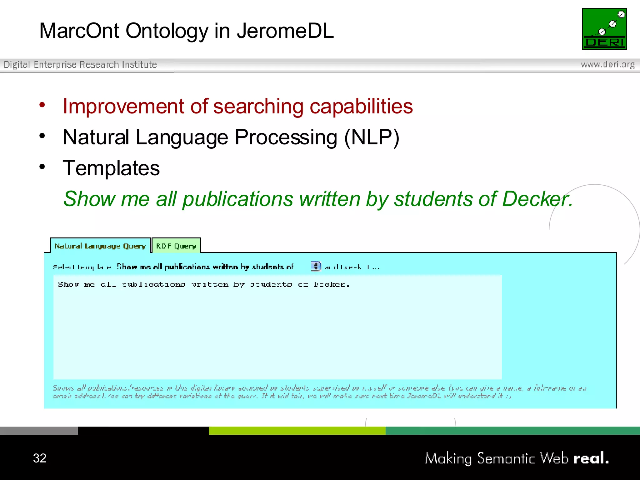 MarcOnt Ontology in JeromeDL Improvement of searching capabilities Natural Language Processing (NLP) Templates Show me all publications written by students of Decker. 