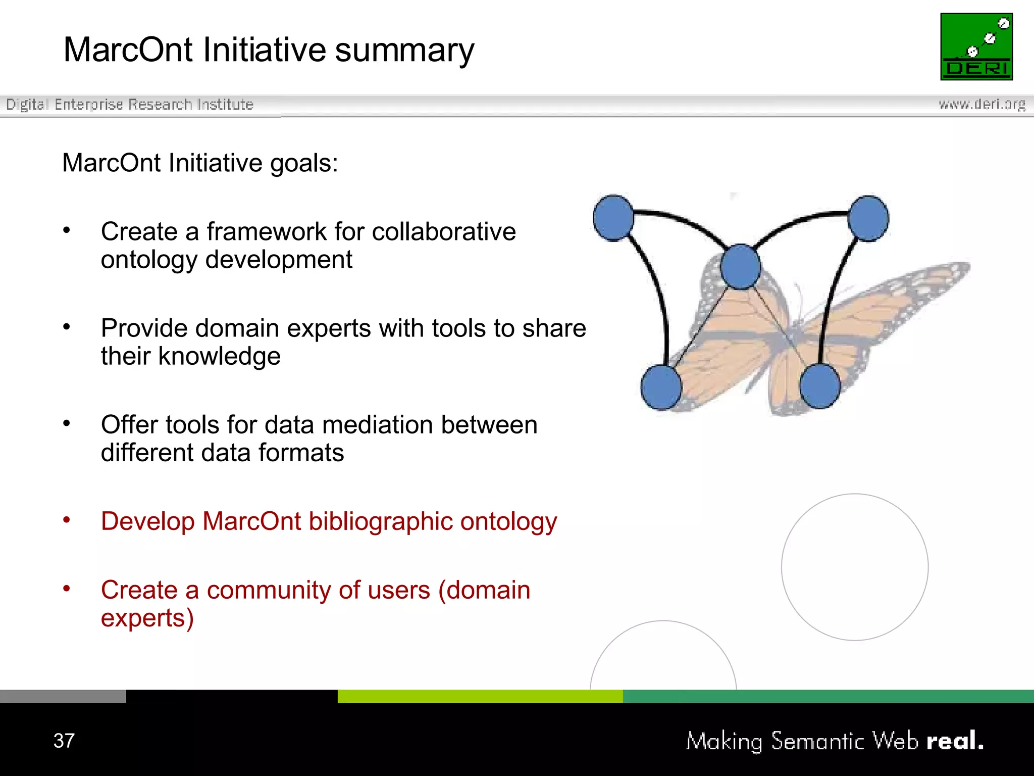 MarcOnt Initiative summary MarcOnt Initiative goals: Create a framework for collaborative ontology development Provide domain experts with tools to share their knowledge Offer tools for data mediation between different data formats Develop MarcOnt bibliographic ontology Create a community of users (domain experts) 