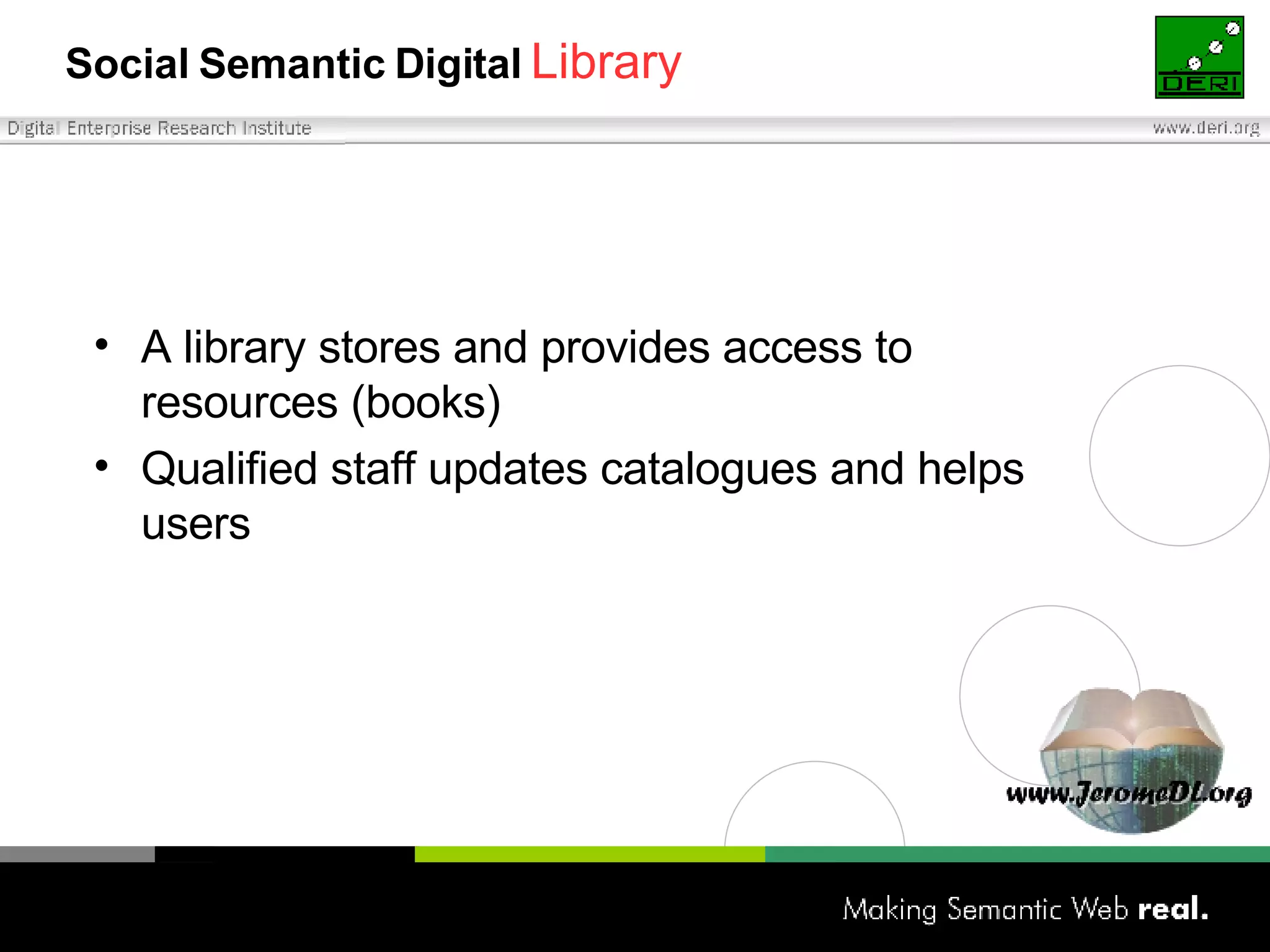 Social Semantic Digital   Library A library stores and provides access to  resources (books) Qualified staff updates catalogues and helps users 