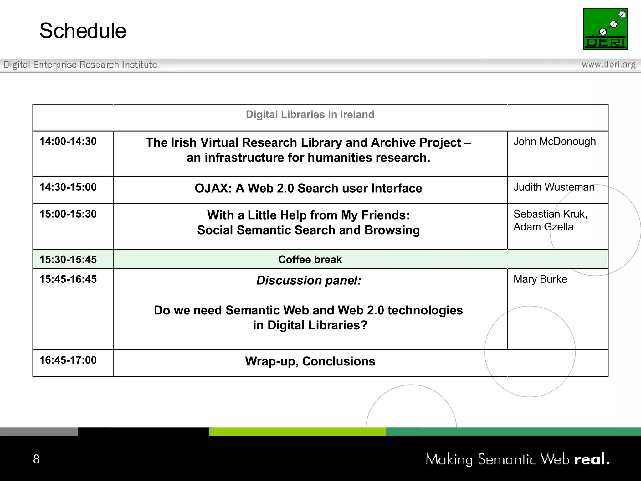 Schedule Digital Libraries in Ireland Wrap-up, Conclusions 16:45-17:00 Mary Burke Discussion panel:   Do we need Semantic Web and Web 2.0 technologies  in Digital Libraries? 15:45-16:45 Coffee break 15:30-15:45   Sebastian Kruk, Adam Gzella With a Little Help from My Friends:  Social Semantic Search and Browsing  15:00-15:30 Judith Wusteman OJAX: A Web 2.0 Search user Interface  14:30-15:00 John McDonough The Irish Virtual Research Library and Archive Project –  an infrastructure for humanities research.  14:00-14:30 