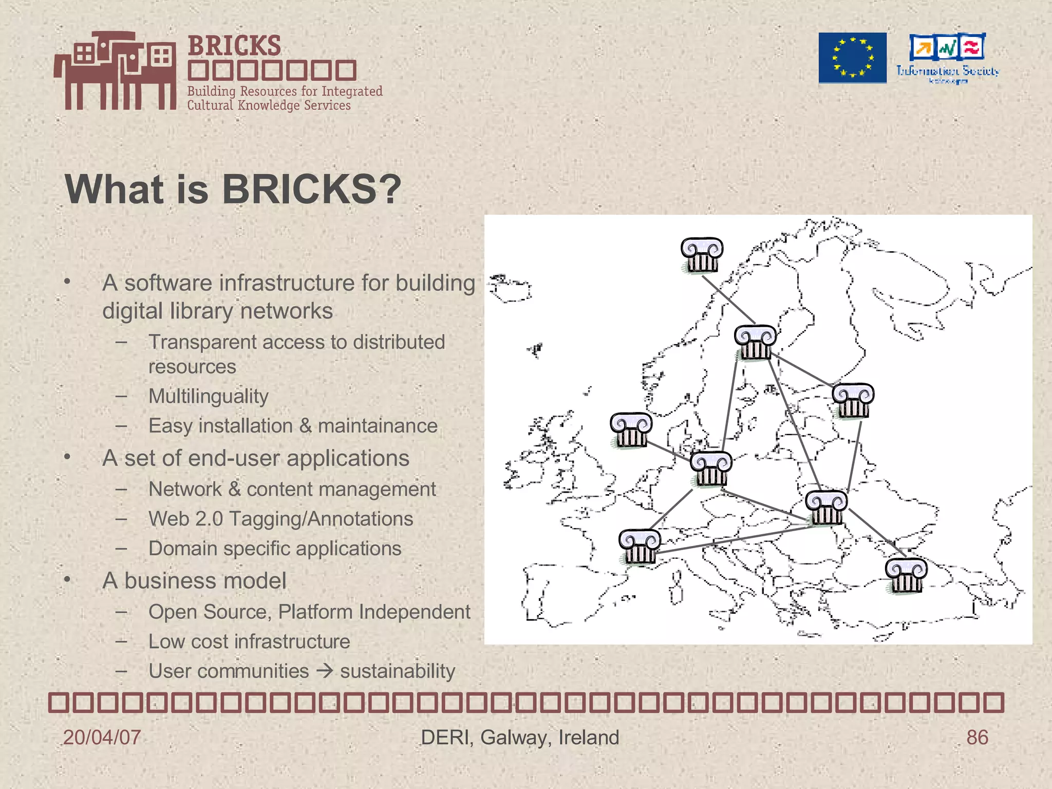 What is BRICKS? A software infrastructure for building digital library networks Transparent access to distributed resources Multilinguality Easy installation & maintainance A set of end-user applications Network & content management Web 2.0 Tagging/Annotations Domain specific applications A business model Open Source, Platform Independent Low cost infrastructure User communities    sustainability 