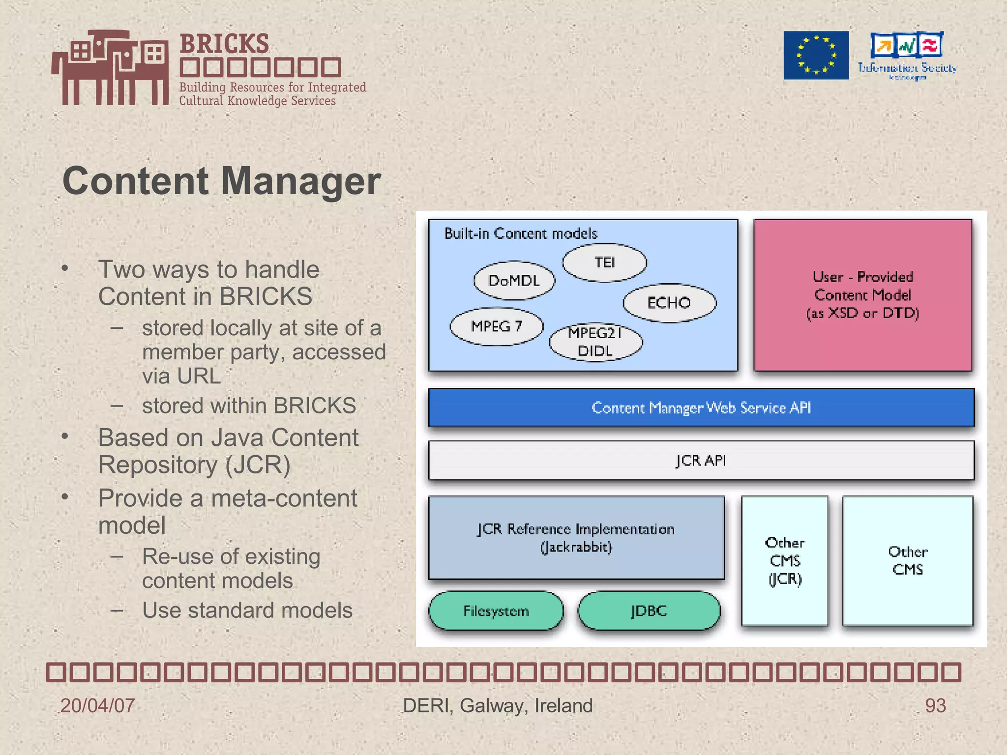 Content Manager Two ways to handle Content in BRICKS stored locally at site of a member party, accessed via URL stored within BRICKS Based on Java Content Repository (JCR) Provide a meta-content model Re-use of existing content models Use standard models 