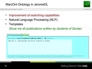 MarcOnt Ontology in JeromeDL <ul><li>Improvement of searching capabilities </li></ul><ul><li>Natural Language Processing (...