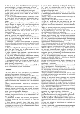 45 Mar sin tar éis bliana sheol Nabúadónosor agus thug sé
isteach sa Bhablóin é in éineacht le soithí naofa an Tiarna;
46 Agus rinne Zedechias rí Iúdá agus Iarúsailéim, nuair a bhí
sé bliain agus fiche; agus bhí sé aon bhliain déag i réim:
47 Agus rinne sé an t-olc freisin i bhfianaise an Tiarna, agus
ní raibh cúram aige de na focail a labhair an fáidh Ieríem ó
bhéal an Tiarna leis.
48 Agus tar éis an rí sin Nabuchodonosor do mhionnú ar ainm
an Tiarna, thréig sé é féin, agus rinne sé ceannairc; agus ar
chruas a mhuiníl, a chroí, sháraigh sé dlíthe an Tiarna Dia
Iosrael.
49 Rinne gobharnóirí na ndaoine agus na sagart freisin go leor
rudaí in aghaidh na ndlíthe, agus rinne siad truaillithe na
náisiún go léir, agus thruaill siad teampall an Tiarna, a
naomhaíodh in Iarúsailéim.
50 Mar sin féin chuir Dia a n-aithreacha uaidh a theachtaire
chun iad a ghlaoch ar ais, mar gur chosain sé iad agus a
thaibernacl freisin.
51 Ach bhí a chuid teachtairí i magadh; agus, féach, nuair a
labhair an Tiarna leo, rinne siad spórt dá bhfáithe:
52 An méid sin amach , gur chuir sé fearg ar a mhuintir mar
gheall ar a mór-dhiadhacht, gur ordaigh sé do ríthe na
gCaldach teacht ina n‑aghaidh;
53 A mharaigh a n-ógánach leis an gclaíomh, fiú laistigh de
chompás a dteampall naofa, agus nár chosain ógánach ná maid,
seanfhear ná leanbh ina measc; óir thug sé an uile ní isteach
ina lámha.
54 Thóg siad soithigh naofa an Tiarna go léir, idir mhór agus
bheag, mar aon le soithí áirc Dé, agus seoda an rí, agus
d’iompair siad isteach sa Bhablóin iad.
55 Maidir le teach an Tiarna, dóite siad é, agus bhris siad síos
ballaí Iarúsailéim, agus chuir siad tine ar a túir.
56 Agus maidir lena nithe glórmhara, níor scoir siad riamh go
dtí gur ól siad agus thug siad go léir a neamhní: agus an pobal
nár maraíodh leis an claíomh d'iompair sé go Bablóine
57 A rinneadh seirbhísigh dó féin agus dá chlann, go dtí gur
éirigh na Peirsigh i réim, chun briathar an Tiarna a labhraíodh
le béal Ieremiah a chomhlíonadh:
58 Go dtí go mbainfeadh an talamh sult as a sabóidí, beidh sí
ina luí ar fad a fásaigh, go ceann seachtó bliain.
CAIBIDIL 2
1 Sa chéad bhliain de Chirus rí na Peirsis, go gcomhlíonfaí
briathar an Tiarna, a gheall sé ó bhéal Ieremiah;
2D’ardaigh an Tiarna suas spiorad Chirúis rí na Peirse, agus
rinne sé forógra trína ríocht go léir, agus freisin trí scríobh,
3 Ag rádh, Mar so a deir Cíorus rí na bPeirseach; Is é Tiarna
Iosrael, an Tiarna is airde, a rinne mé i mo rí ar an domhan
uile,
4 Agus d’ordaigh dom teach a thógáil dó ag Iarúsailéim sa
Ghiúdach.
5 Má bhíonn aon duine agaibh dá mhuintir, bíodh an Tiarna,
eadhon a Thiarna, in éineacht leis, agus rachadh sé suas go
Iarúsailéim atá in Iúdáia, agus tógfadh sé teach Tiarna Iosrael;
is é an Tiarna atá ina chónaí in Iarúsailéim.
6Gach duine ina chónaí ansin sna háiteanna ina thimpeall,
cuideoidís leis, iad siúd, a deirim, atá ina chomharsana, le hór
agus le hairgead,
7 Le bronntanais, le capaill, agus le eallach, agus rudaí eile,
atá leagtha amach ag bóta, do theampall an Tiarna ag
Iarúsailéim.
8 Ansin d’éirigh ceannairí chlann Iúdá agus threibh
Bhiniáimin ina seasamh; na sagairt agus na Léivítigh agus na
Léivítigh go léir a d’éirigh leis an Tiarna dul suas agus teach a
thógáil don Tiarna in Iarúsailéim,
9 Agus an dream a chomhnuigh ina thimpeall, chuidigh siad
leo i ngach ní le hairgead agus le hór, le capaill agus le
heallach, agus le mórán bronntanas saor ó líon mór ar
cuireadh a n-intinn suas chuige.
10 Thug an Rí Cíoras amach freisin na soithí naofa a
d’iompair Nabúcadónosor amach as Iarúsailéim, agus a chuir
ina theampall íol.
11 Nuair a thug Cirus rí na bPeirseach amach iad, thug sé do
Mhitridates a chisteoir iad:
12 Agus uaidh a thugadh iad do Sanabasar rialtóir Iúdá.
13 Agus ba é seo an líon acu; Míle cupán órga, agus míle
airgid, cinséirí airgid a naoi ar fhichid, vials óir tríocha, agus
airgid dhá mhíle ceithre chéad a deich, agus míle soitheach
eile.
14 Mar sin ba iad na soithí óir agus airgid go léir a iompraíodh
ar shiúl ná cúig mhíle ceithre chéad trí fichid a naoi.
15 Thug Sanabasar iad seo ar ais, mar aon leo siúd ón
mbraighdeanas, ón mBabylon go Iarúsailéim.
16 Ach i n-aimsir Artacsercses rí na bPeirseach scríobh
Bélémus, agus Mitridates, agus Tábóidias, agus Rathumus,
agus Beeltethmus, agus Semellius an rúnaí, agus dreamanna
eile a bhí i gceannas leo, ag cur ina gcónaí sa tSamáir agus in
áiteanna eile chuige ina choinne. iad a chomhnuigh in Iúdá
agus Iarúsailéim na litreacha seo a leanas;
17 A rí Artacsercses ár dtiarna, do shearbhóntaí, Rathumus an
scríbhneoir, agus Semellius an scríobhaí, agus an chuid eile dá
gcomhairle, agus na breithiúna atá i gCelosiria agus i Phenice.
18 Bíodh a fhios anois ag an tiarna rí go bhfuil na Giúdaigh
atá aníos uait chugainn ag teacht isteach in Iarúsailéim, an
chathair reibiliúnach agus olc sin, go dtógann siad na hionaid
mhargaidh, agus go ndeisíonn siad a ballaí agus go socraíonn
siad dúshraith na cathrach. teampall.
19 Agus má dhéantar an chathair seo agus a ballaí arís, ní
hamháin go ndiúltóidh siad ómós a thabhairt, ach déanfaidh
siad éirí amach in aghaidh ríthe freisin.
20 Agus do bhrígh go bhfuilid na neithe a bhaineann leis an
teampoll anois ar láimh, is dóich linne gan dearmad do
dhéanamh ar a leithéid sin.
21 Ach labhairt le n-ar tighearna an rí, ar an rún, más maith
leat é d'iarraidh amach i leabhair t'aithreacha:
22 Gheobhaidh tú sna croinicí a bhfuil scríofa faoi na nithe
seo, agus tuigfidh tú go raibh an chathair sin ceannairceach,
ag cur imní ar ríthe agus ar chathracha araon.
23 Agus go raibh na Giúdaigh ceannairceach , agus go gcogaí
a d'ardaigh siad i gcónaí iontu ; ar an adhbhar sin do deineadh
fiú an chathair seo ina fásach.
24 Uime sin adeirim libh anois, a thighearna an rí, má tógtar
an chathair so arís, agus go socrófar a ballaí as an nua, ní
bheidh slighe agat as so amach go Celosiria agus Phenice.
25 Ansin scríobh an rí ar ais arís go Rathumus an scéalaí, go
Beelethmus, go Semellius an scríobhaí, agus chun na coda eile
a bhí i gceannas, agus na daoine a bhí ina gcónaí sa tSamáir
agus sa tSiria agus i bPenice mar sin;
26 Léigh mé an litir a sheol sibh chugam: dá bhrí sin d'ordaigh
mé cuardach dúthrachtach a dhéanamh, agus fuarthas go raibh
an chathair sin ó thús ag cleachtadh i gcoinne ríthe;
27 Agus tugadh na fir ann chun éirí amach agus cogaidh: agus
go raibh ríthe cumhachtacha agus fíochmhar in Iarúsailéim, a
bhí i gceannas agus ordaigh cáin i Celosiria agus Phenice.
28 Anois, dá bhrí sin, d'ordaigh mé bac a chur ar na fir sin an
chathair a thógáil, agus aird a thabhairt nach ndéanfaí níos mó
inti;
29 Agus nach rachaidh na drochoibrithe sin ar aghaidh níos
faide chun crá na ríthe,
30 Ansin á léamh ag an rí Artacsercses a litreacha, Rathumus,
agus Semellius an scríobhaí, agus an chuid eile a bhí i
 