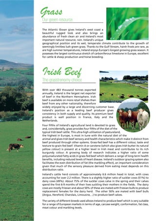 Grass
Our green resource
The Atlantic Ocean gives Ireland’s west coast a
beautiful rugged look and also brings an
abundance of fresh clean air and Ireland‘s most
important natural resource, rain. Ireland’s unique
geographical position and its wet, temperate climate contribute to the growth of
seemingly limitless lush green grass. Thanks to the Gulf Stream, harsh frosts are rare, as
are high summer temperatures, Ireland enjoys Europe’s longest growing grass season. It
possesses the largest continuous stretch of carboniferous limestone in Europe, excellent
for cattle & sheep production and horse breeding.




Irish Beef
The grasstronomy choice
With over 483 thousand tonnes exported
annually, Ireland is the largest net exporter
of beef in the Northern Hemisphere. Irish
beef is available on more retail shelves than
beef from any other nationality, therefore
widely enjoyed by a large and discerning customer base.
Ireland’s position as a leading beef producer gives
consistency in both supply and quality. Its premium beef
product is well position in France, Italy and the
Netherlands.
Four fifths of Ireland’s agricultural land is devoted to grass
and, coincidentally, grass provides four fifths of the diet of the
typical Irish beef cattle. This ultra-high utilisation of pastureland,
the highest in Europe, is most in tune with the natural diet of the
animal and gives Irish beef sensory and health characteristics which make it distinct from
beef produced through other systems. Grass-fed beef has a different colour, taste and
texture to grain-fed beef. Vitamin A or carotene (which also gives Irish butter its natural
yellow colour) is present at a higher level in Irish meat and contributes to its rich
burgundy colour. A growing body of research indicates a higher ratio of some
polyunsaturated fatty acids in grass-fed beef which delivers a range of long-term health
benefits, including reduced levels of heart disease. Ireland’s outdoor grazing system also
facilitates the even distribution of fat (the marbling effect), an important consideration
given that much of the sensory pleasure derived from eating meat depends on this
distribution ratio.
Ireland’s cattle herd consists of approximately 6.6 million head in total, with cows
accounting for over 2.2 million. There is a slightly higher ratio of suckler cows (51%) to
dairy cows (49%). About 75% of the suckler cows calve in the spring and their calves
spend the first 6-9 months of their lives suckling their mothers in the fields. The dairy
cows are mostly Friesian and about 50% of these are mated with Friesian bulls to produce
replacement females for the dairy herd. The other 50% are mated with beef bulls
(Angus, Hereford, Charolais, Limousine, ..) to produce beef calves.

The variety of different breeds used allows Ireland to produce beef which is very suitable
for a range of European markets in terms of age, carcase weight, conformation, fat class,
meat colour and marbling levels.
 