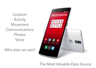The Most Valuable Data Source
Location
Activity
Movement
Communications
Photos
Voice
Who else can see?
 