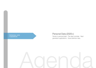 Agenda
15mPERSONAL DATA
TOMORROW Trends in personal data - The data controller - Next
generation applications - Visual attention data
Personal Data (2020+)
 