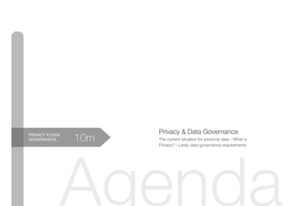 Agenda
10mPRIVACY & DATA
GOVERNANCE The current situation for personal data - What is
Privacy? - Likely data governance requirements
Privacy & Data Governance
 
