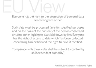 Everyone has the right to the protection of personal data
concerning him or her.
Such data must be processed fairly for speciﬁed purposes
and on the basis of the consent of the person concerned
or some other legitimate basis laid down by law. Everyone
has the right of access to data which has been collected
concerning him or her, and the right to have it rectiﬁed.
Compliance with these rules shall be subject to control by
an independent authority.”
Article 8, EU Charter of Fundamental Rights
EU View
 