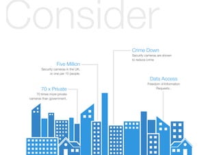 Freedom of Information
Requests .
Data Access
70 times more private
cameras than government.
70 x Private
Security cameras are shown
to reduce crime
Crime Down
Security cameras in the UK,
or one per 15 people.
Five Million
Consider
 