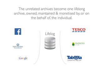 The unrelated archives become one lifelong
archive, owned, maintained & monetised by, or on
the behalf of, the individual.
Lifelog
 
