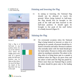 The National Flag11
Hoisting and lowering the Flag
11 In raising or lowering, the National Flag
should not be allowed to touch the
ground. When being hoisted to half-mast,
the Flag should first be brought to the
peak of the staff and then lowered to the
half-mast position. It should again be
brought to the peak of the staff before
it is finally lowered (Figure F).
Saluting the Flag
12 On ceremonial occasions when the National
Flag is being hoisted or lowered, or when it is
passing by in a parade, all present should face it,
stand to attention and salute. Persons in uniform
who normally salute with the hand should give
the hand salute. Persons in civilian attire should
salute by standing to attention. The salute to the
Flag when it is being borne past in a parade is
rendered when the Flag is six paces away and
the salute is held until the Flag has passed by.
Where more than one National Flag is carried,
the salute should be given only to the leading
Flag.
Note: a flag is at
half-mast in any
position below the
top of the staff but
never below the
middle point of the
staff. As a general
guide, the half-mast
position may be
taken as that where
the top of the flag is
the depth of the
flag below the top
of the staff.
FIGURE F
Guidelines for use
of the National Flag
FIGURE F
FLAG English For PDF 25/5/01 2:08 pm Page 11
 